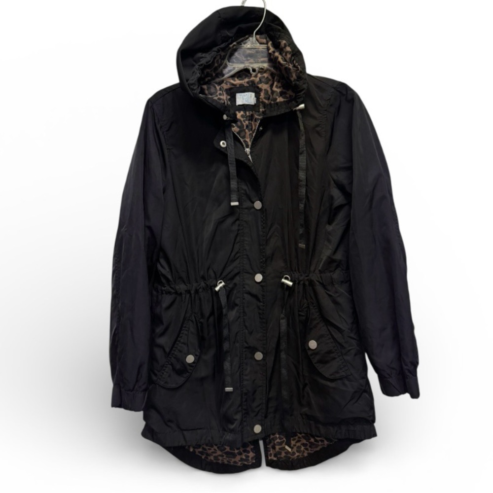 Women's Black Hooded Jacket with Leopard Lining Medium (8-10) Time & Tru